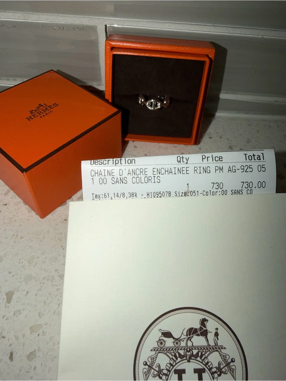 Hermes Silver Chaîne d'Ancre Ring with Orange Box